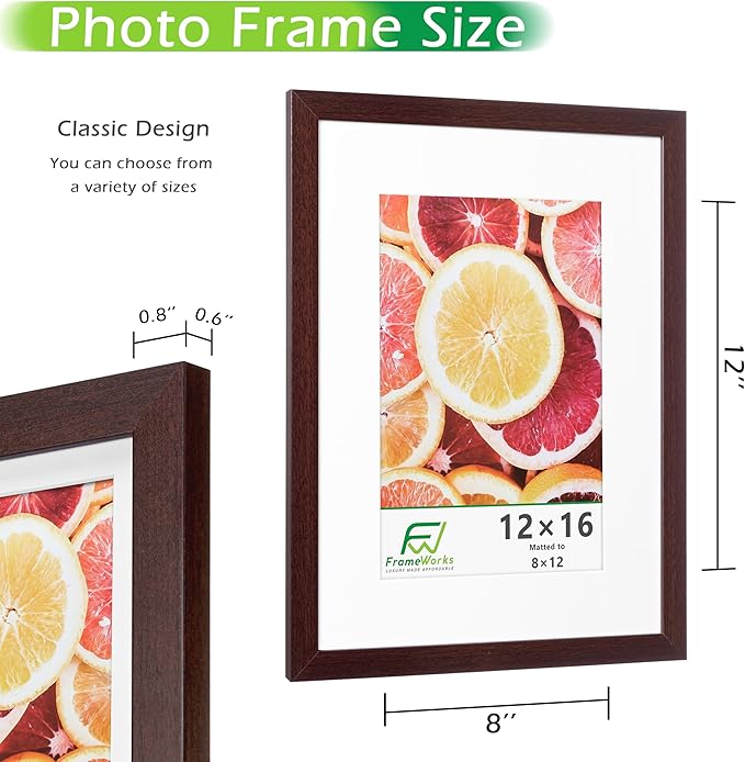 FrameWorks 2-Pack, 12x16 Matted to 8x12 Picture Frame, Mahogany ??Classic Wooden Photo Frame with Tempered Glass, Modern Matte Finish for Prints, Posters, Certificates & Wall Decor ??Gallery-Ready