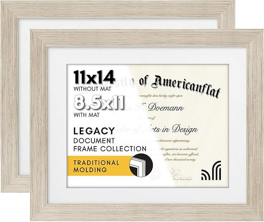 Americanflat 11x14 Diploma Frame with Shatter-Resistant Glass - Set of 2 - Use as 8.5x11 Frame with Mat or Display 11x14 Documents Without Mat - Legacy Collection - Certificate Frames - Driftwood
