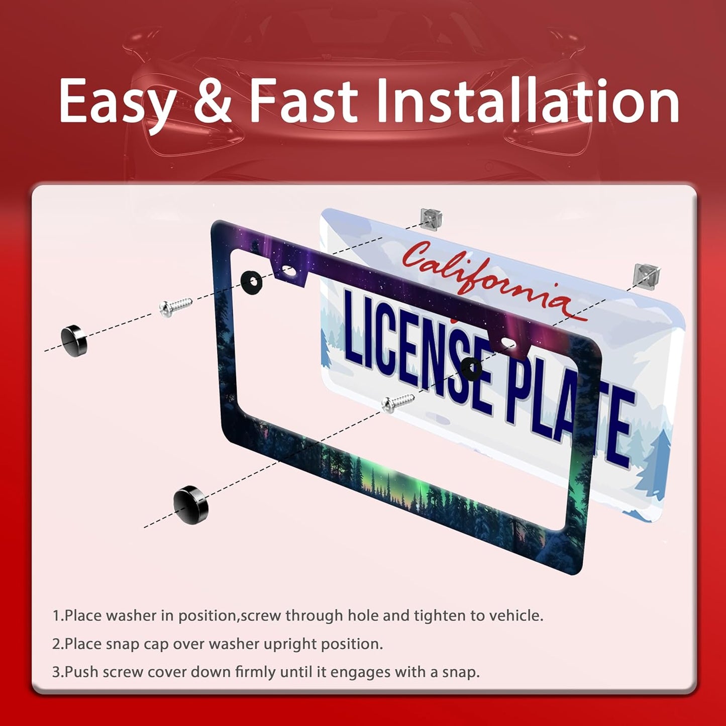 Personalized License Plate Frame Aurora Forest Stainless Steel Accessory Starry Sky License Plate Holder Funny Car Decorative 2 Holes Screws Fits Us Standard License Plates 12.2 X 6.3 In For Men Women