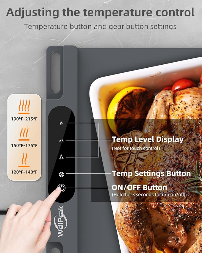 Electric Warming Mat for Food (2-Pack)- Full Surface Fast Heating Silicone Warmer Tray with 3-Level Temperature, Auto-Off, Raised Feet for Table Protection for Gatherings, Parties, Home Buffets, Gray
