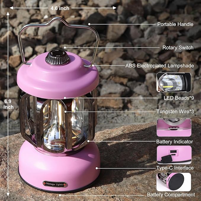 Rechargeable LED Camping Lanterns, Vintage Camping Lights Battery Operated, Portable Retro Metal Glamping Lights for Hiking, Hurricane, Decoration, Power outages, Pink, 1 Pack