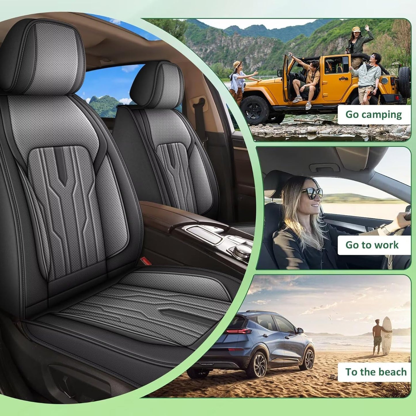 YORKENIC Fit for Hyundai Kona Seat Covers Front Set 2018-2024 2025: Breathable Leather Car Seat Covers Compatible Airbag (2 Front Set, Black & Grey)