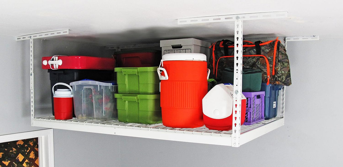 MonsterRax Overhead Garage Storage Racks 4x6, Ceiling Mounted Shelving, Adjustable Hanging Storage Organizer, Heavy Duty Steel, Holds 500 Pounds, Color: White, Adjusts 18"-33” off Ceiling