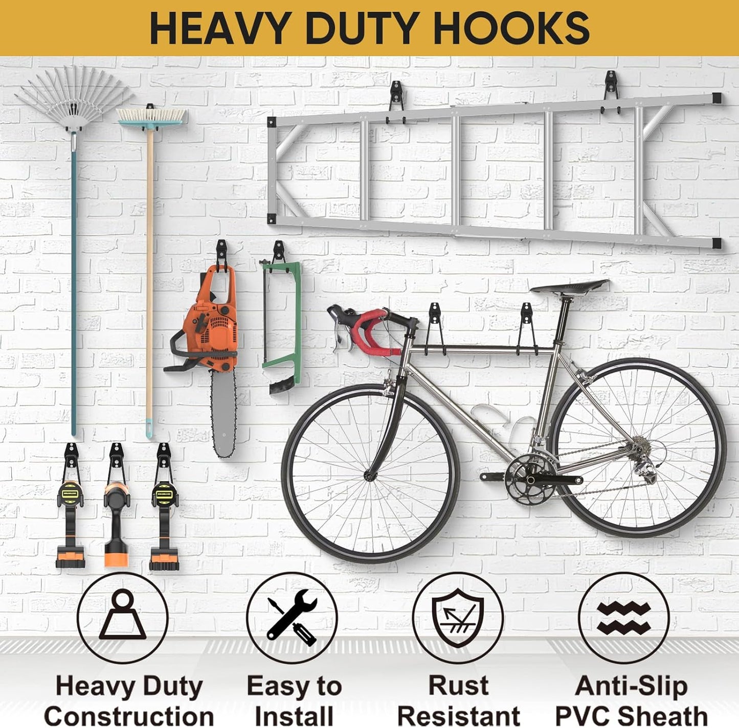 TICONN 12 Pack Heavy Duty Garage Hooks, Steel Utility Wall Storage Hooks, Wall Mount Hanger Organizer for Ladders, Bikes, Tools, Bulky Items (Set, Yellow)