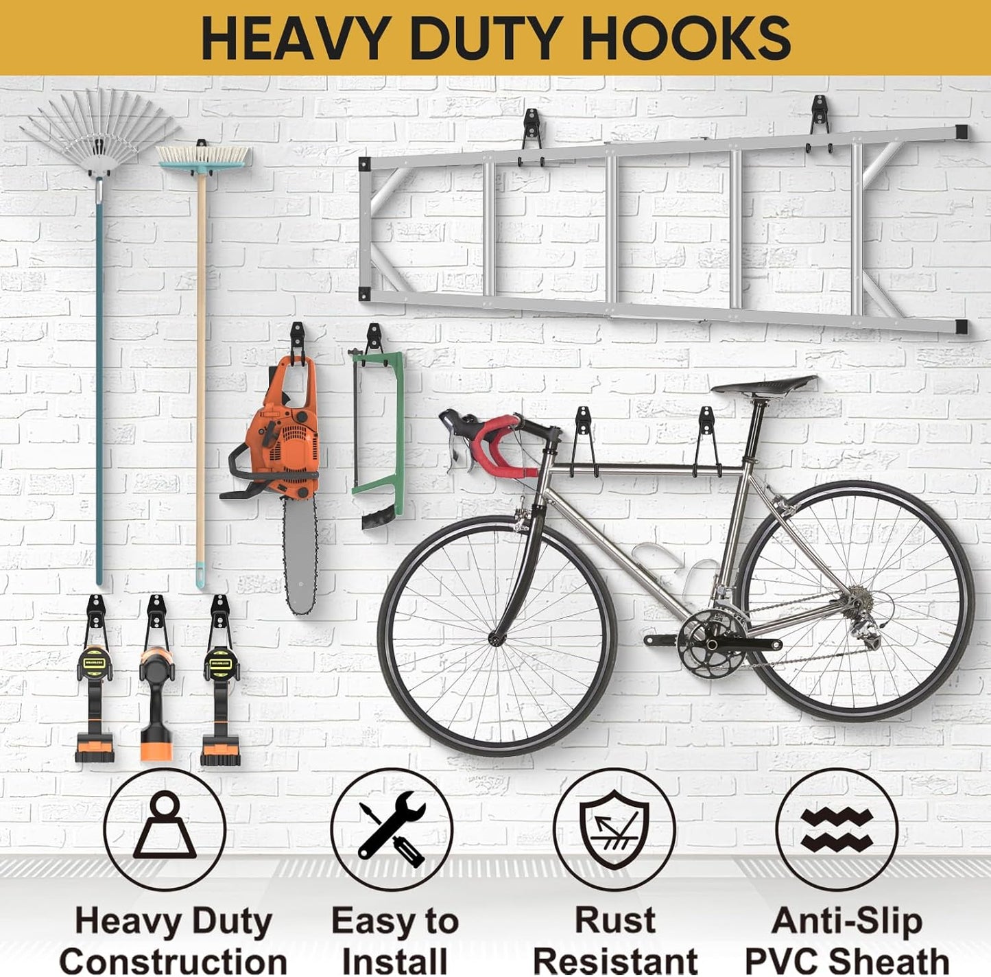 TICONN 12 Pack Heavy Duty Garage Hooks, Steel Utility Wall Storage Hooks, Wall Mount Hanger Organizer for Ladders, Bikes, Tools, Bulky Items (Set, Black)