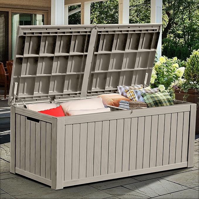 YITAHOME 150 Gallon Large Outdoor Storage XL Deck Box w/Divider for Patio Furniture,Outdoor Cushions, Garden Tools, Sports Equipment and Pool Supplies, Waterproof, Resin, Lockable, Taupe
