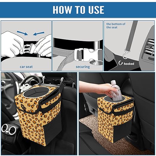 Car Trash Can Leopard Skin Wate-rproof Auto Garbage Bag Car Trash Can with Lid Leak-Proof Car Storage Bag Hanging for Headrest Collapsible and Portable with Storage Mesh Pocket