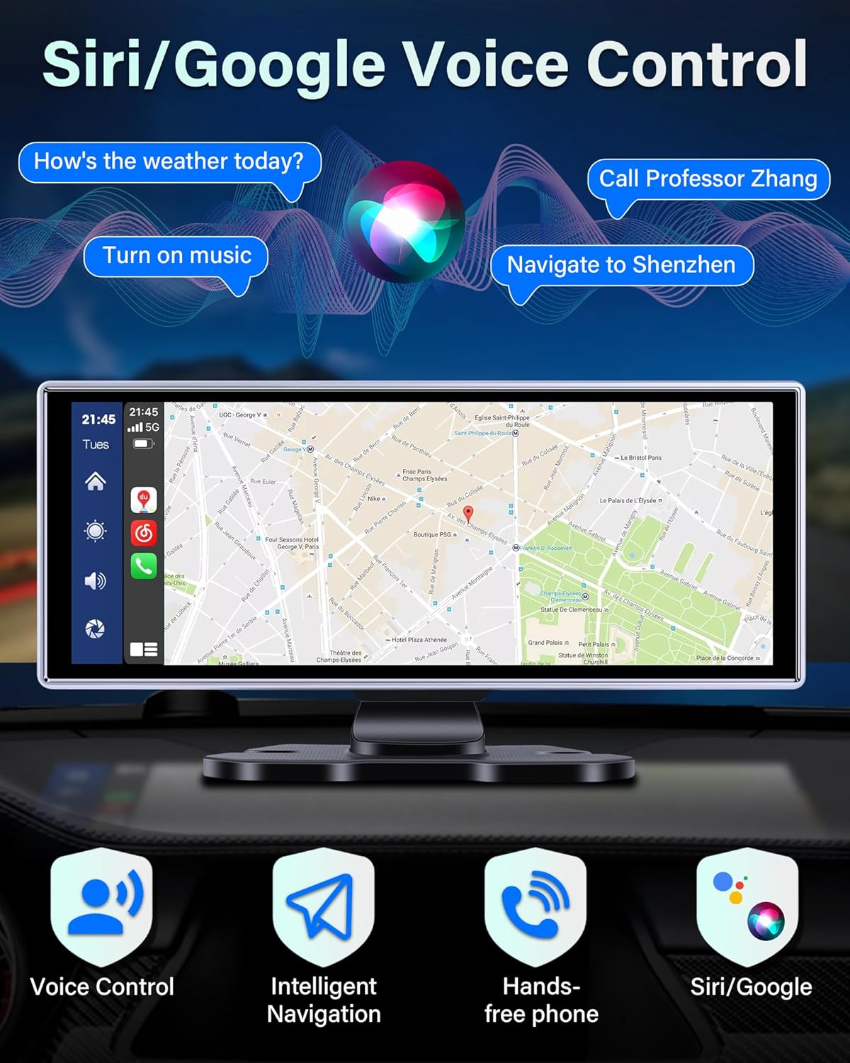 2025 Exclusive 11.26'' Portable Wireless Apple CarPlay Screen for Car & Android Auto Car Stereo, 2.5K Dash Cam 1080P Backup Camera car Audio Receivers/GPS Navigation/Voice Control for All Vehicles