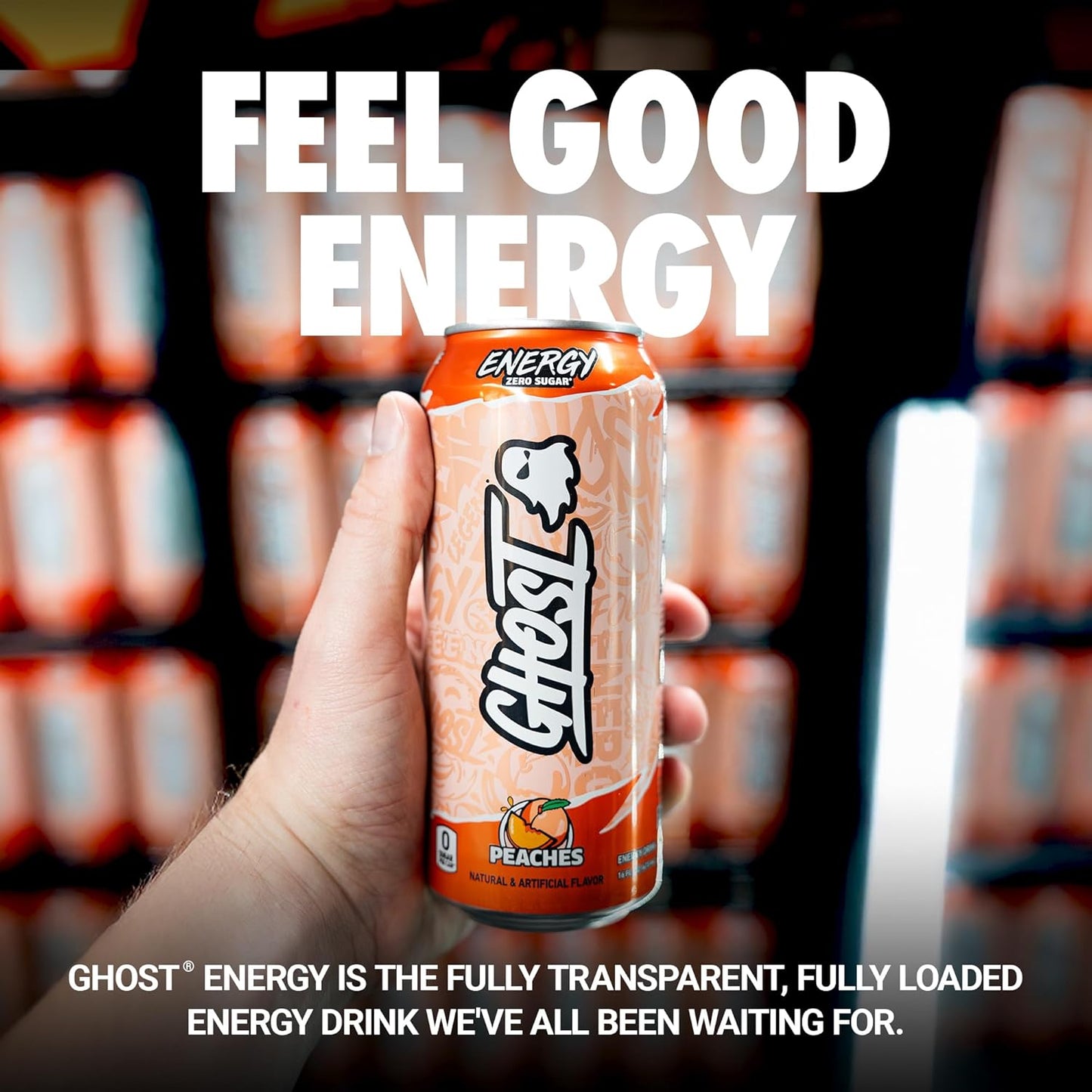 GHOST Energy Drink - 12-Pack, Peaches, 16oz - Energy & Focus & No Artificial Colors - 200mg of Natural Caffeine, L-Carnitine & Taurine - Gluten-Free & Vegan