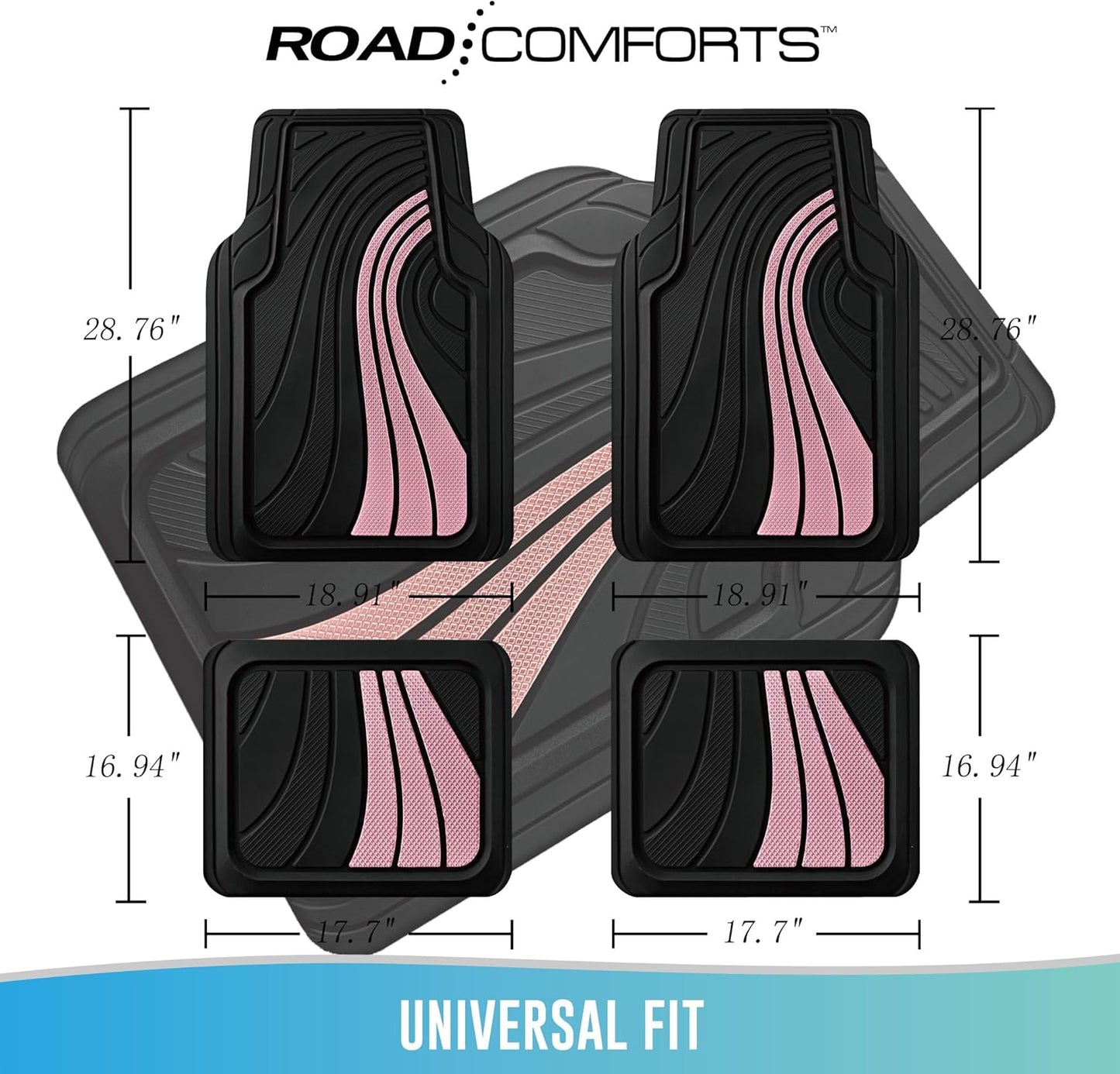 Road Comforts Car Floor Mats Full Set – Front & Rear Car Floor Mats with Aluminum Design, Anti-Slip Backing, All-Weather Protection, Trim-to-Fit Car Mats for Most Sedans, SUVs & Vans - Pink