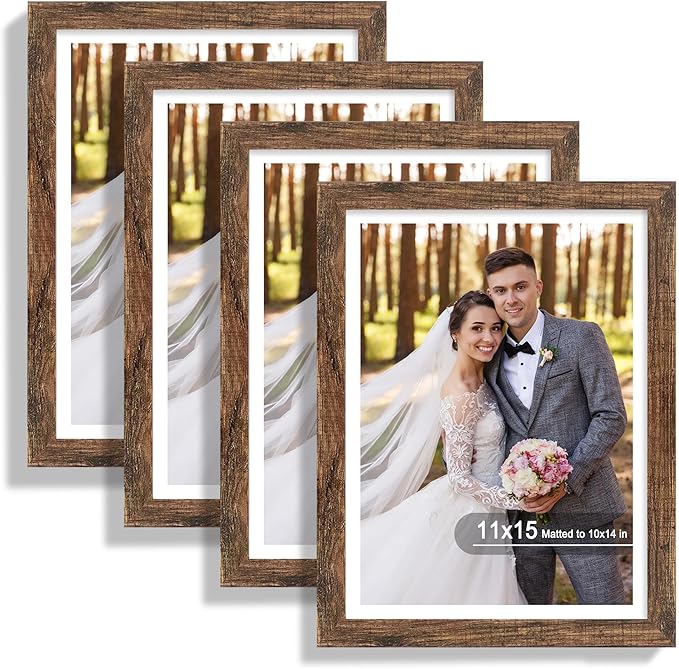 11x15 Picture Frame Set of 4, Made of Real Glass and Rustic Brown Frame - Display Picture 10x14 with Mat or 11x15 Without Mat, 11 by 15 Photo for Wall Mounting