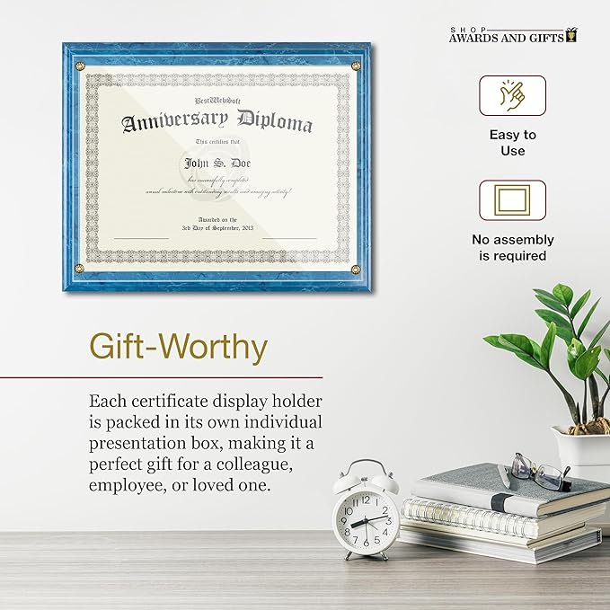 SHOP AWARDS AND GIFTS 8.5 x 11 Certificate Frame Holder, Slide in Wall Plaque Display, 10.5 x 13 Inch Board, Blue