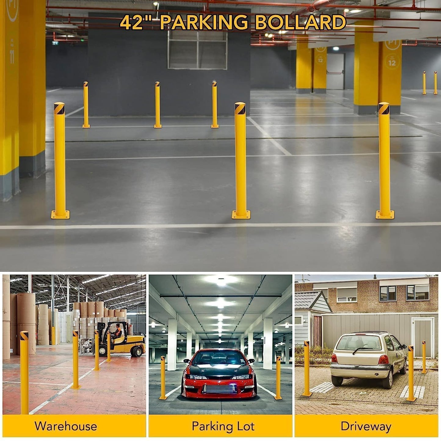 4 Pcs Safety Bollard,42 Inch High Heavy-Duty Yellow Safety Bollard Steel Posts,4.5 Inch Diameter,Safety Bollard with 16 Anchor Bolts - Ideal for Traffic Control, Driveway Barriers,Parking Poles