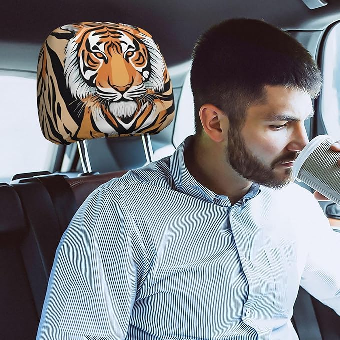 Dujiea 2 Pack Tiger Animal Print Car Headrest Covers, Universal Soft Car Seat Head Rest Protector, Vehicle Accessories Fabric Headrest Cover for Cars Vans Trucks