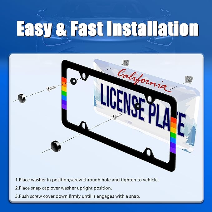 Rainbow Lines License Plate Frame LGBT Flag Gay Lesbian License Plate Stainless Steel Auto Parts Funny License Plate Decorative with Screws Size 12.3" x 6.3" for Women Men