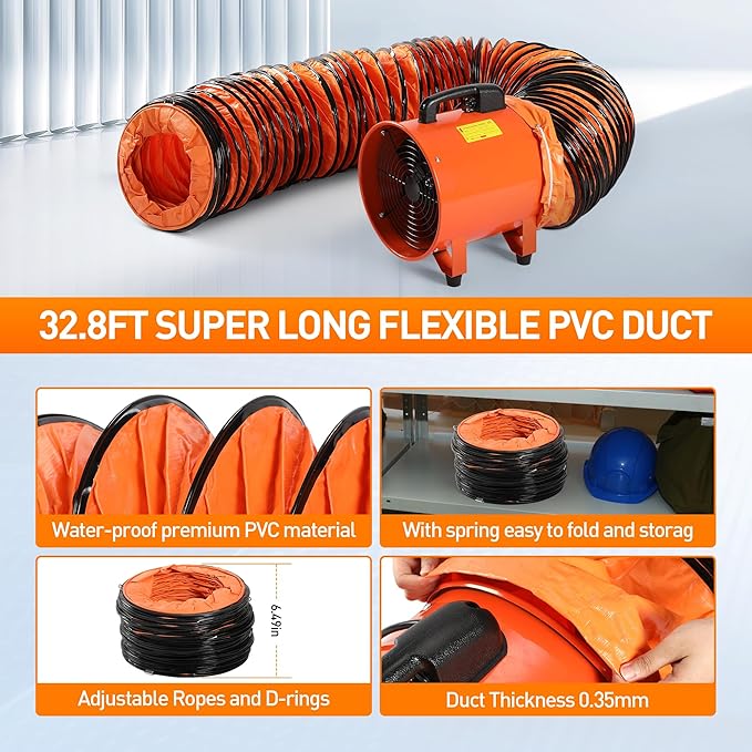 Rengue Utility Blower/Exhaust with 32.8ft Hose Fan, 1900 or 2800r/min Two Modes Heavy Duty Blower Fan 12 Inches High Velocity Ventilation Extraction with Duct Hose