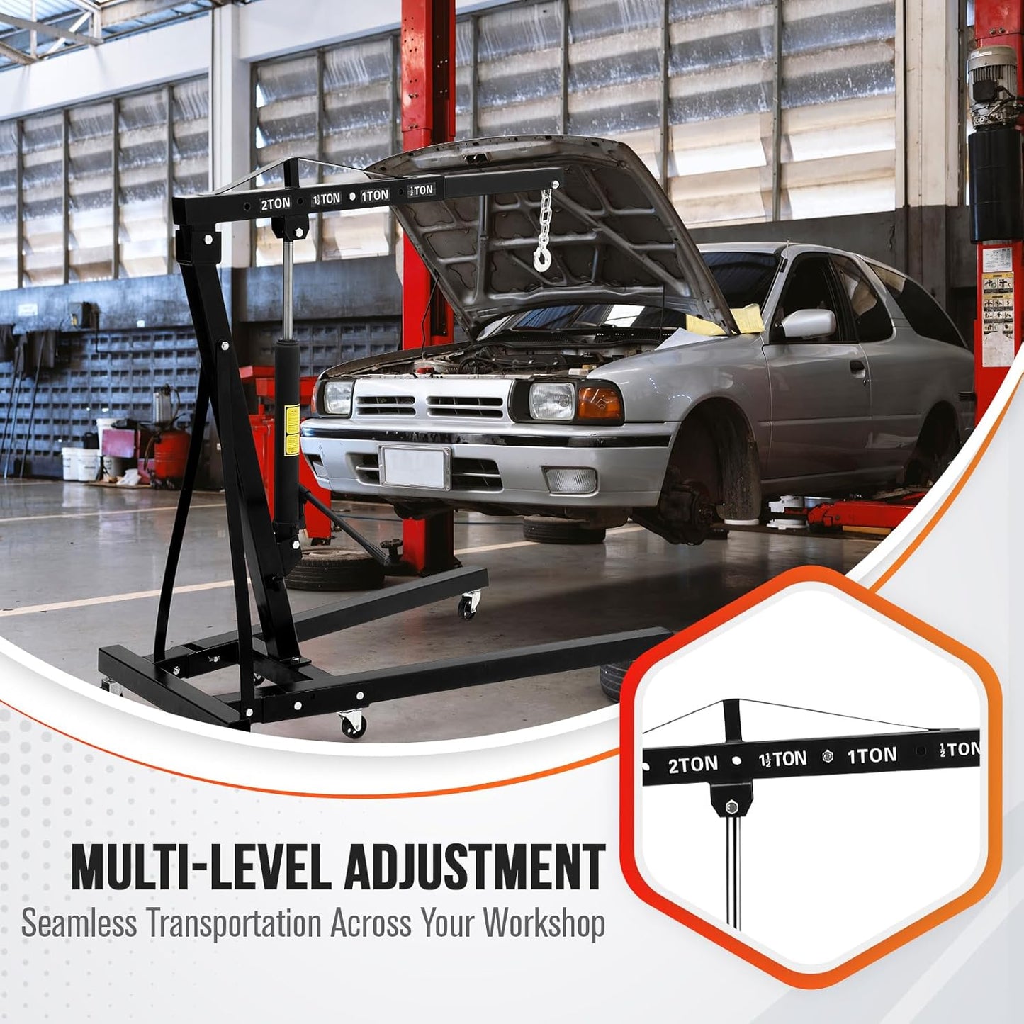 2 Ton Engine Hoist, Hydraulic Cherry Picker Engine Hoist Lift, 4400LBS Heavy Duty Crane Lifter with 6 Casters and Telescopic Boom, Foldable & Portable Design, for Garage, Workshop, Warehouse (Black)