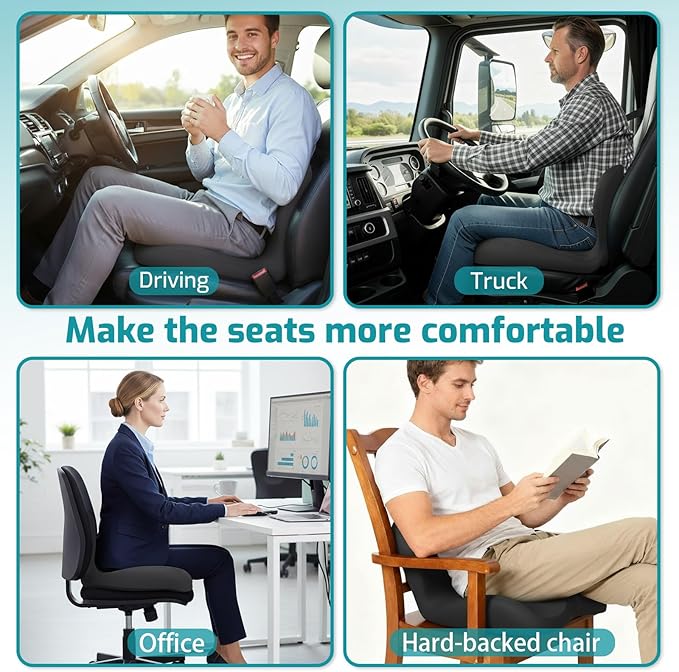 Memory Foam Seat Cushion,Office Chair Cushion with Lumbar Support for Back Pressure Relief, Car Seat Cushion with Adjustable Strap,Sciatica Pad Cushions for Car,Truck, Desk (C-Black)