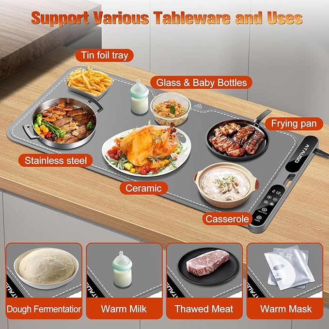 Warming Mat for Food Extra Large, Electric Warming Tray, 15"x31.5" Silicone Heating Mat with 7 Level Adjustable Temp and 8 Hours Timer, Food Warmer for Parties Buffet Home Travel, Dark Gray