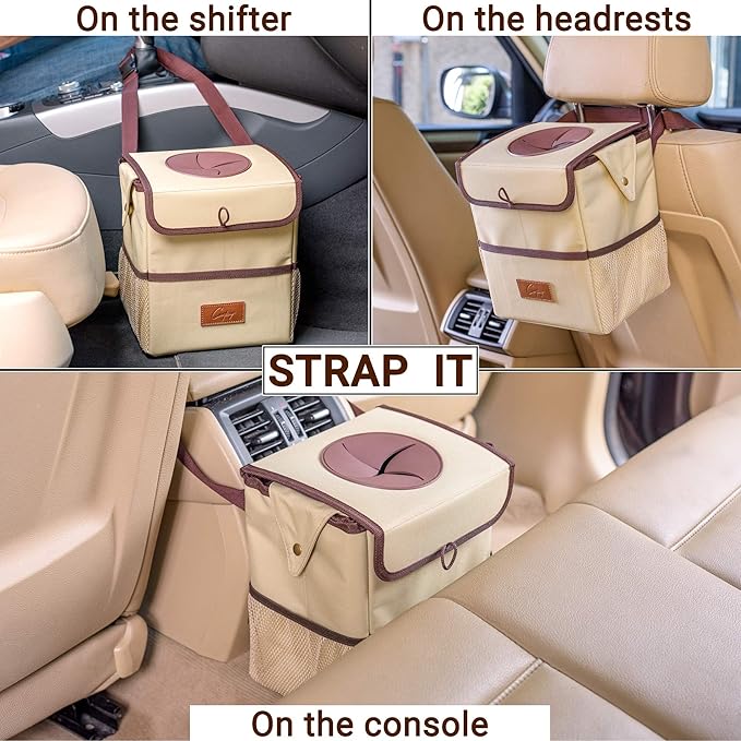Creathing Car Trash Can | Touring Edition | Detachable Leak-Proof Liner & Odor-Sealing Lid - Universal Hanging Garbage Bin for Cars, SUVs, Trucks (2 Gal, Beige)