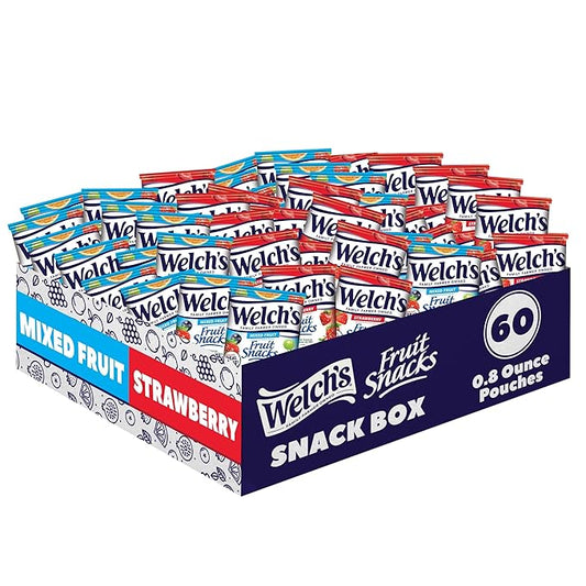 Welch's Fruit Snacks, Mixed Fruit & Strawberry Snack Box, Gluten Free, 0.8oz Snack Packs (Pack of 60)