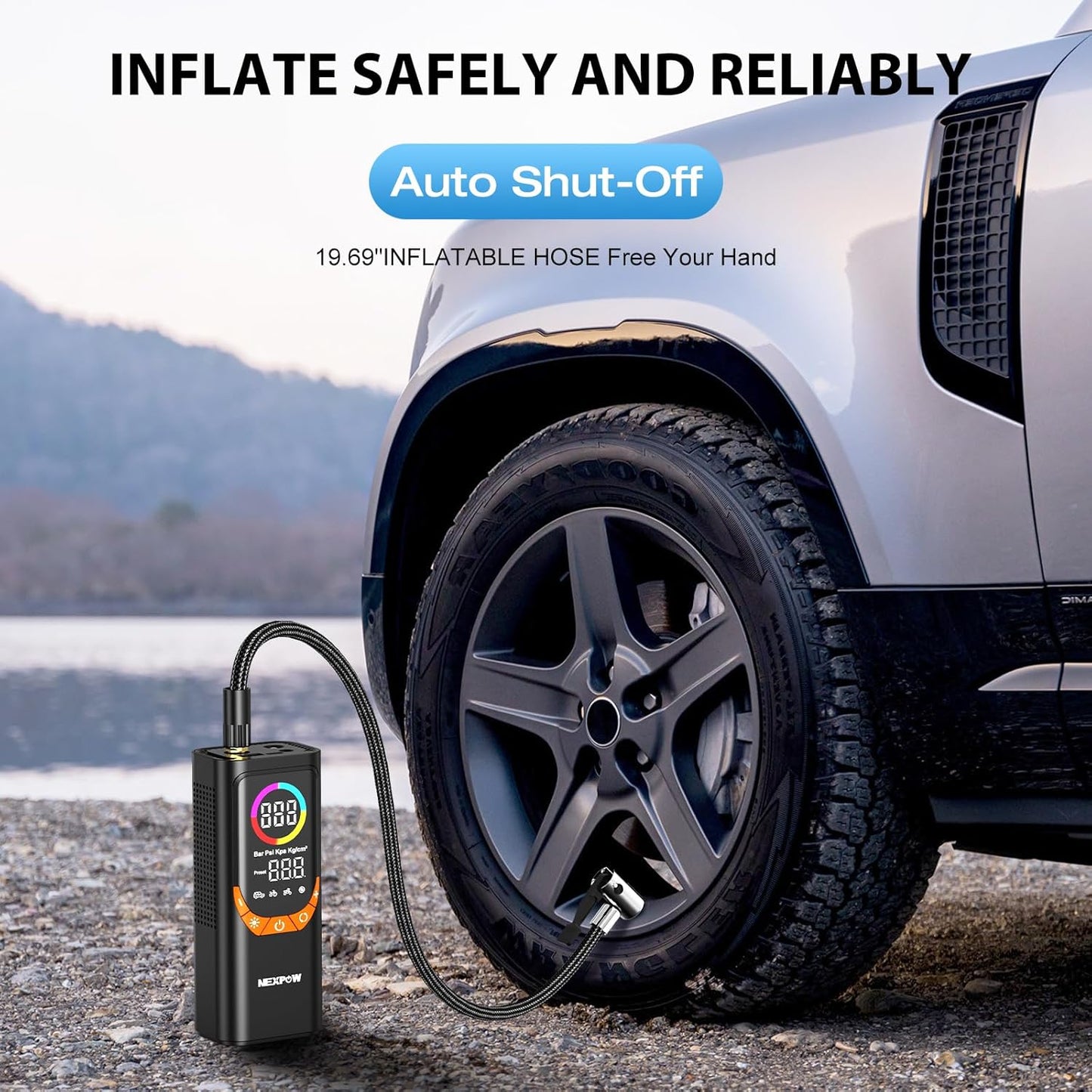 NEXPOW NP17 Portable Air Compressor, 150 PSI Digital Tire Inflator, Fast Inflation with Auto Shut-Off, LED Light, Multiple Nozzles for Car, Bike, and Ball, Compact Design, Orange