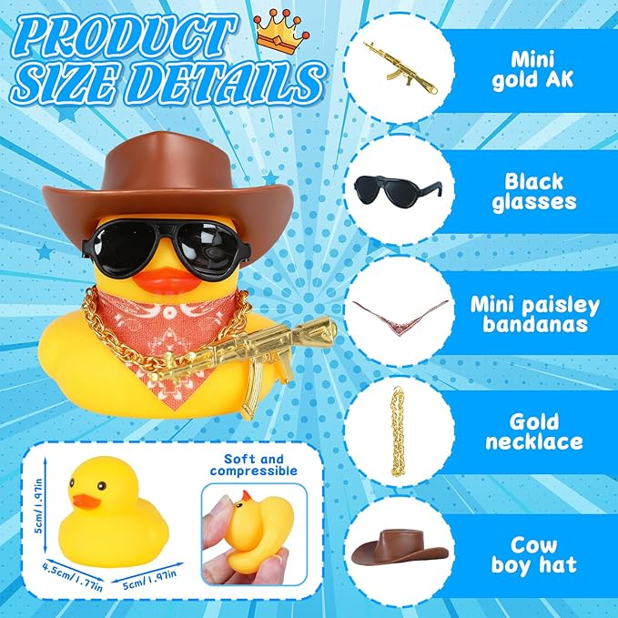 BOZILY Funny Cowboy Hat Rubber Duck Car Decor with Cowboy Hat Necklace Gun Scarf and Sunglasses - Mini Rubber Duckies with Accessories for Dashboard, Office & Home Decor