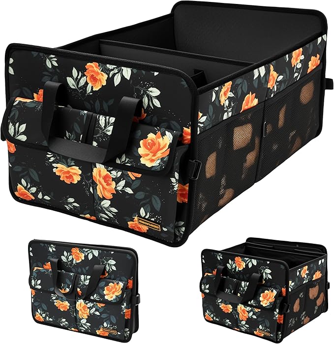 Sturdy Car Trunk Organizer ??70L Large Capacity Trunk Organizer for SUVs & Sedans, Hard-Shell One-Piece Design with Cute Print, Collapsible and Durable Car Organizers (Flower)