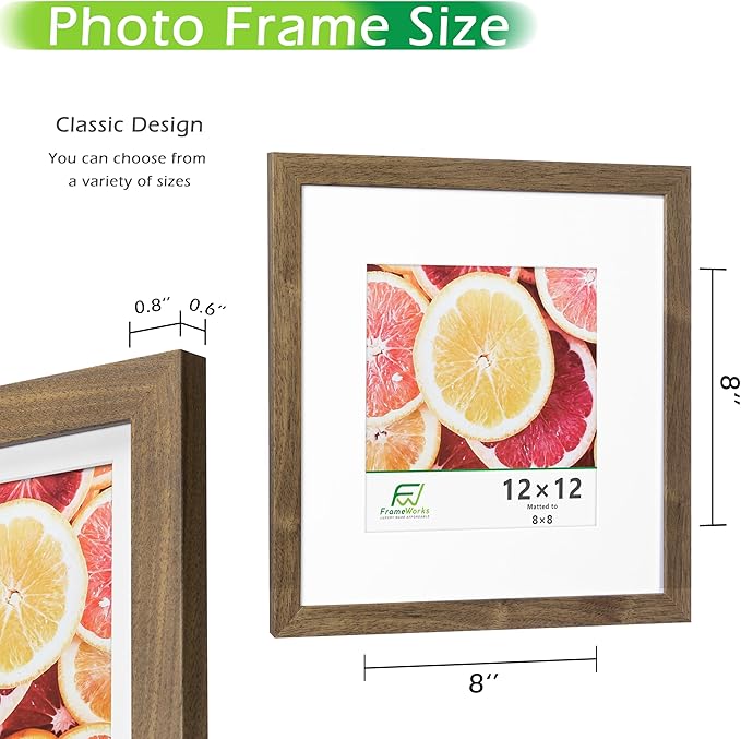 FrameWorks 2-Pack, 12x12 Matted to 8x8 Picture Frame, Dark Oak – Classic Wooden Photo Frame with Tempered Glass, Modern Matte Finish for Prints, Posters, Certificates & Wall Decor – Gallery-Ready