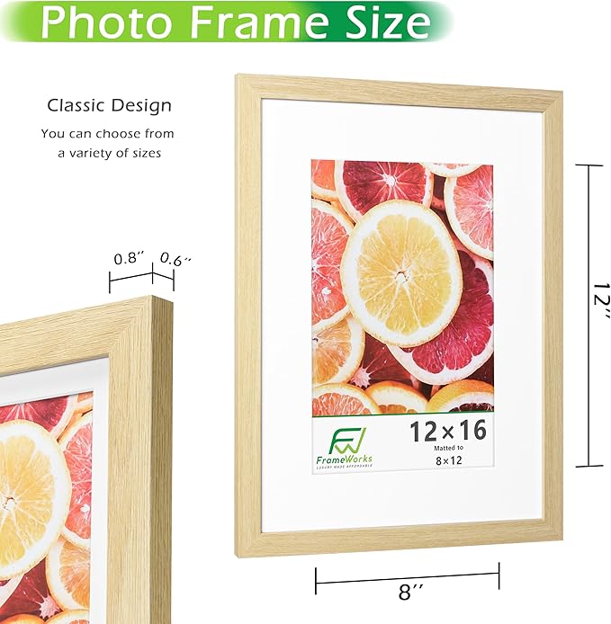 FrameWorks 2-Pack, 12x16 Matted to 8x12 Picture Frame, Natural Oak ??Classic Wooden Photo Frame with Tempered Glass, Modern Matte Finish for Prints, Posters, Certificates & Wall Decor ??Gallery-Ready