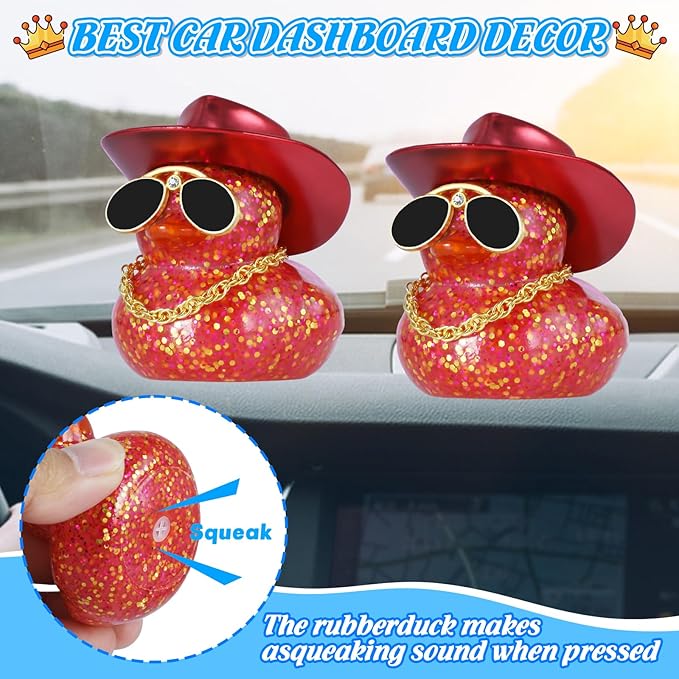 BOZILY Glitter Rubber Ducks Red Rubber Duck with Red Denim Cowboy Hat & Diamond Glasses - Stress Relieving Duck Car Accessories for Dashboard, Office, Home Decor - Unique Gifts for Adults