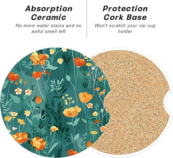 Car Cup Holder Coasters, 2 Pack Universal Auto Anti Slip Insert Coaster with A Finger Notch, Cup Mat for Most Car Interior, Beautiful Flowers