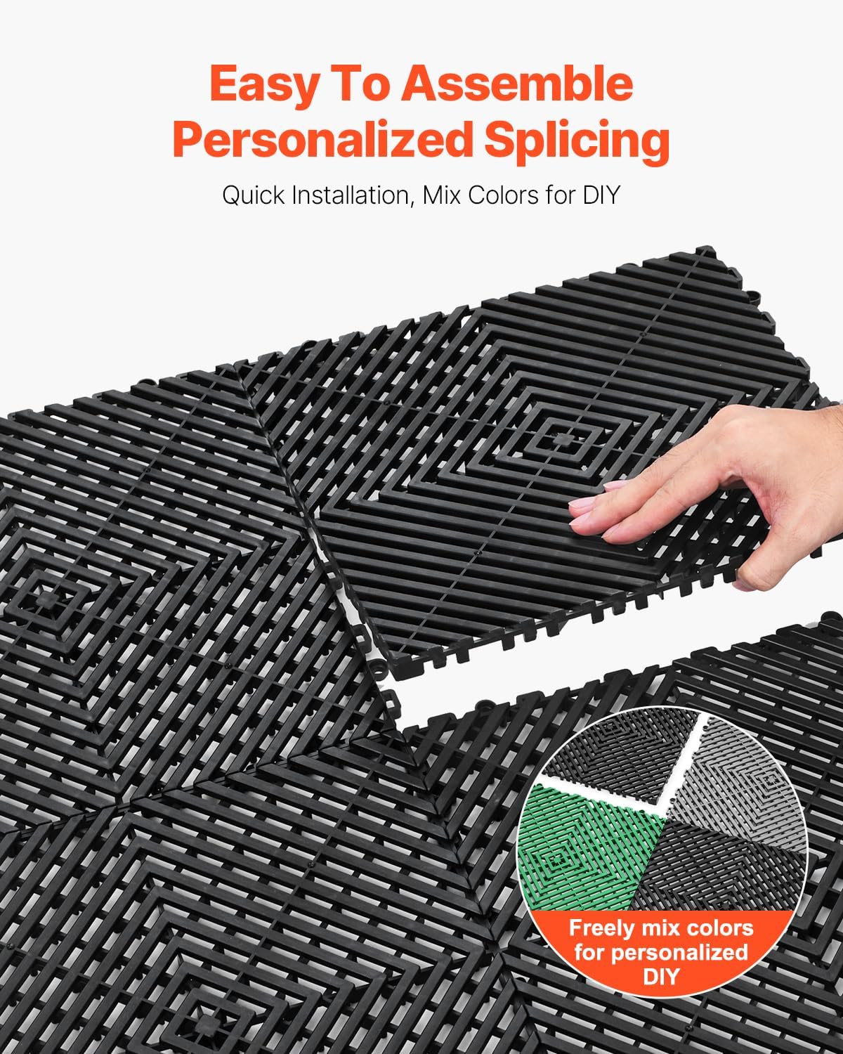 VEVOR Interlocking Drainage Mat, 12” x 12” Modular Interlocking Cushion, 50 Pcs Splicing Drainage Mats, Non-Slip Black PP Drainage Floor Tile and Shower Mat, for Garage, Garden, Kitchen & Outdoor