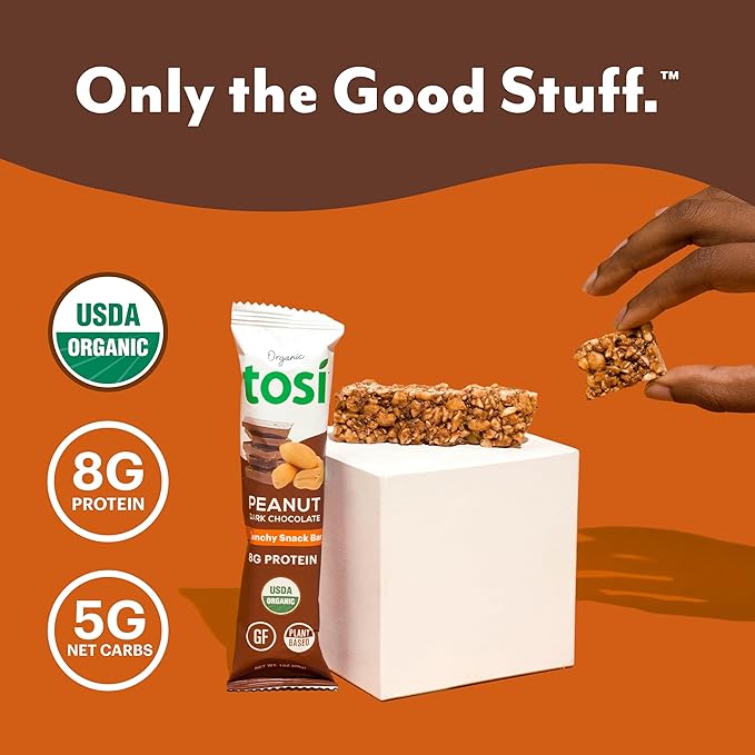 Tosi Cashew Coconut and Dark Chocolate Peanut Protein Bars Combo, Plant Based with Nuts, Gluten-Free Crunchy Snacks, Vegan, Organic, Flax & Chia Seeds, Soy-Free, Omega 3s, 6G/8G Protein, 1 oz, 12-Pack