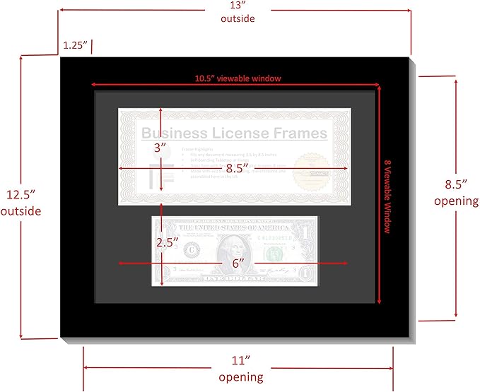 Creative Picture Frames 11Bk-B Black First Dollar Frame with Business License, 3.5X8.75 License Including Self Standing Easel and Wall Hanger