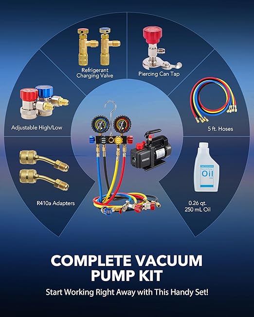 4.5cfm AC Vacuum Pump 4 Way Gauge Set, 110V 1/3 hp HVAC Air Vacuum Pump Manifold Gauge Kit with 4 Hoses Adapters Accessories Carry Bag for R410a R134a R22 Refrigeration Recharging