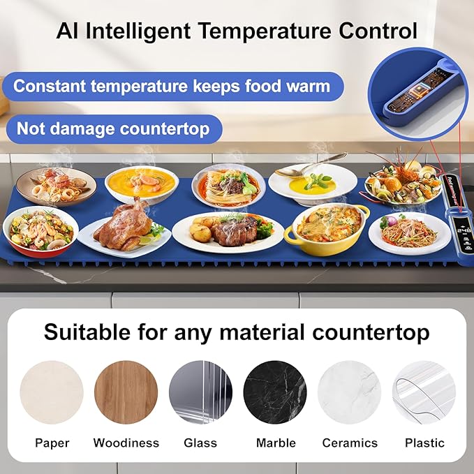 Electric Silicone Food Warmers for Parties Buffet 40”X15” Extra Large Food Warming Mat Keep Food Warm Last 18H Even Heating 104F to 248F with Child Lock Easy Clean/Storage