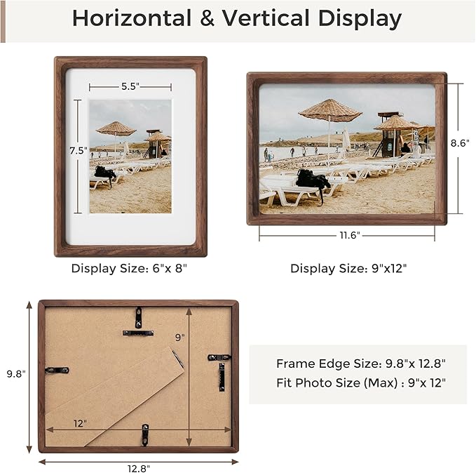 9x12 Picture Frames Natural Walnut,Original Wood Hand Make Crafted Diploma Frame with Mat to 6x8 Graduation Picture Display,Family Picture,Wedding Picture,Photo,Certificate Tabletop & Wall Decoration