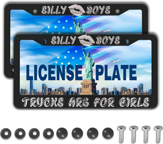 License Plate Frame Black and White License Plate Protector Silly Boys Trucks are for Girls Universal Aluminum Car Accessory 2 Pack with Screw Covers Set