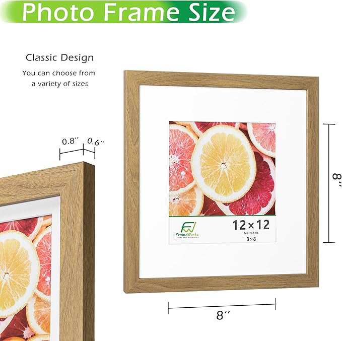 FrameWorks 2-Pack, 12x12 Matted to 8x8 Picture Frame, Golden Oak – Classic Wooden Photo Frame with Tempered Glass, Modern Matte Finish for Prints, Posters, Certificates & Wall Decor – Gallery-Ready