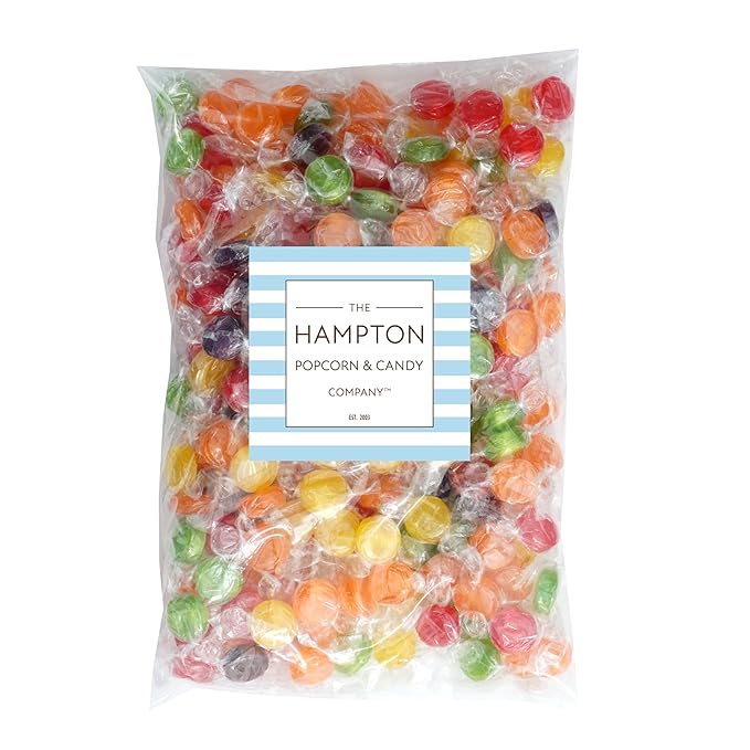 Assorted Fruit Hard Candy, 3 Pound Bulk Candy (Approx. 150 pcs.), Individually Wrapped Hard Candy, Fruit Discs Candy, The Hampton Popcorn & Candy Company