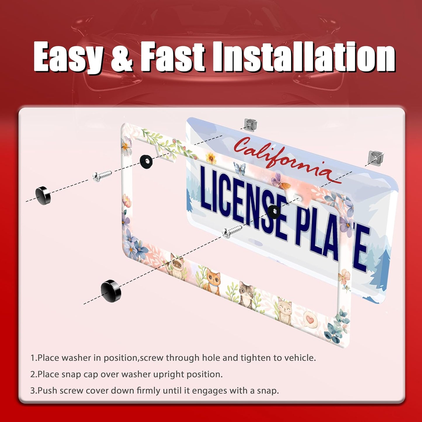 Cat License Plate Frame Beautiful Butterflies Flowers License Plate Holder Funny Personalise Car Stainless Stee Decorative Parts for Standard Us Canada Vehicles 12x6 Inch for Women Men