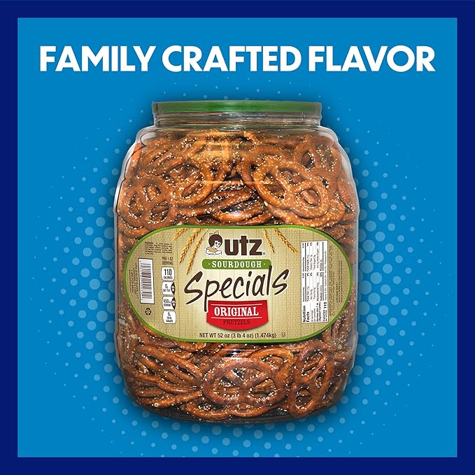 Utz Sourdough Specials Pretzels, Original, 63 oz. Barrel, Classic Pretzel Knot with Rich Sourdough Flavor, Resealable Container, Tasty Party Snack with Zero Cholesterol