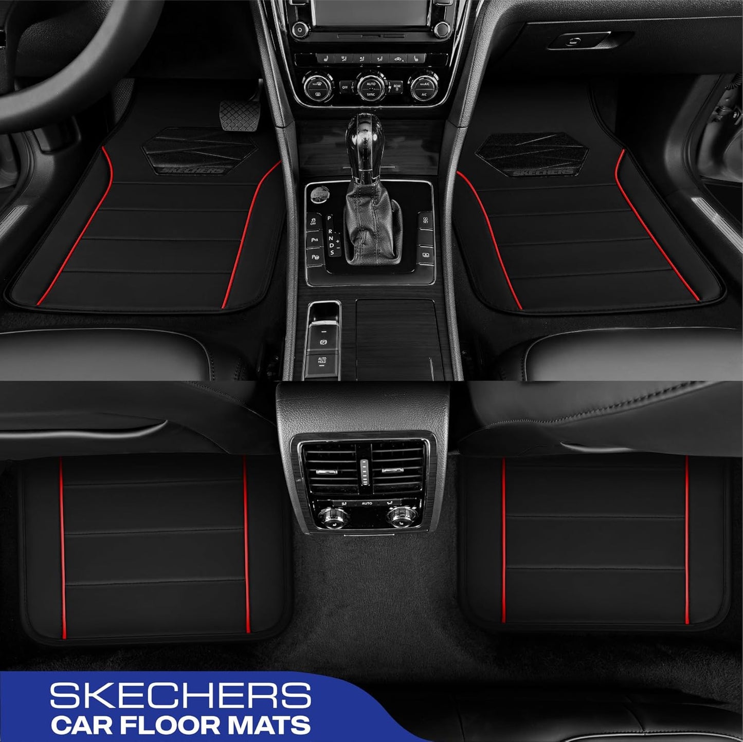 Skechers Memory Foam Car Mats,Leather Piping Floor Mats with Anti-Slip Pad,Universal Waterproof Fit Automotive Floor Mats for SUV,Vans,sedans,Trucks,Full Set 4pcs Red