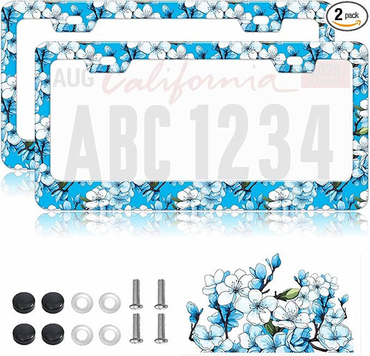2pcs Blue White Cherry Blossom License Plate Frame for Women, Cyan Sakura Car Tag Frames Girly for Vehicle with Non Adhesive Electrostatic Sticker
