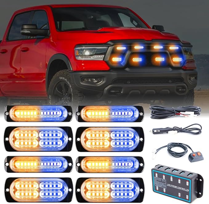 8pcs Sync Feature Emergency Strobe Grille Lights LED Ultra Slim Surface Mount Flashing Hazard Warning Light Bar with Controller for Firefighter/Construction/Trucks/Vehicles/Car (Amber/Blue)