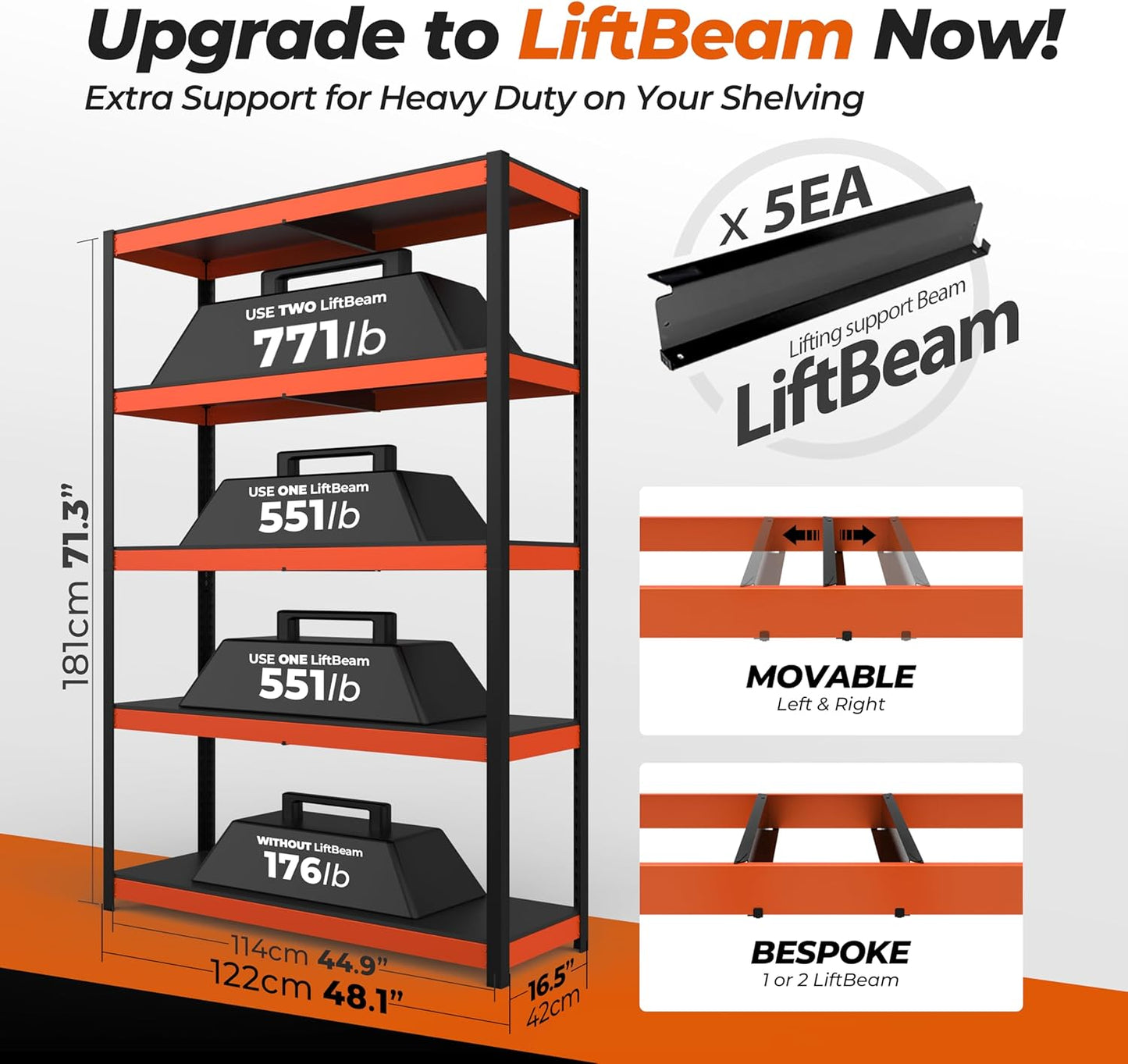 HOMEDANT House 5-Tier Orange-Black 48.1" W x 16.5" D x 71.3" H Laminated Metal Shelving Unit Adjustable Storage Utility Rack Heavy Duty Shelves Organization Shelf Kitchen Garage Pantry Closet 1Pack