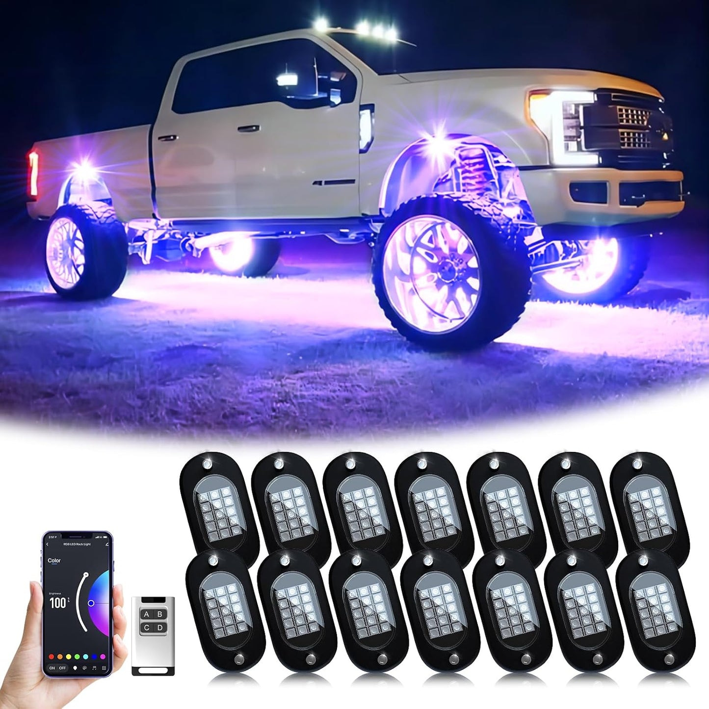 YiLaie RGB LED Rock Lights 14 Pods, 210 LEDs Lights with Phone App/Remote Control & Timing & Music Mode Rock Lights for Trucks, Waterproof Rock Light Kits for ATV RZR UTV SUV Off Road AUTO Motorcycle
