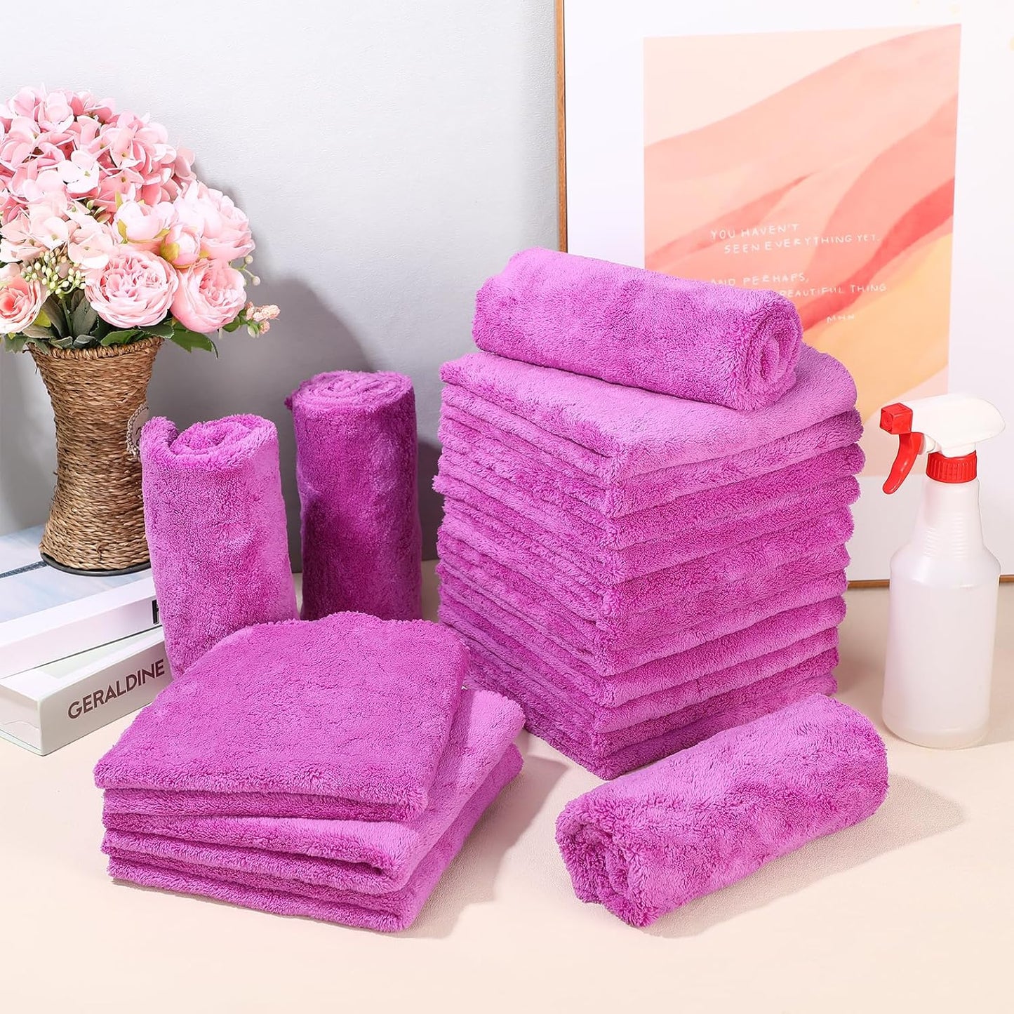 Shimeyao 30 Pcs Edgeless Microfiber Plush Towels for Cars Detailing Drying Wash Polishing Absorbent Cleaning Cloths, 500 GSM, 16 x 16 Inch(Purple)