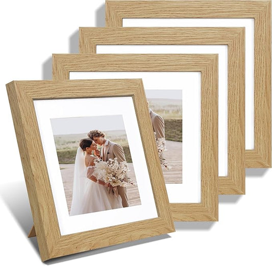 8x8 Picture Frames Set of 4, Made of Glass and Natural Oak Wooden Frame - Display Picture 6x6 with Mat or 8 x 8 Without Mat, 8 by 8 Photo for Wall or Tabletop
